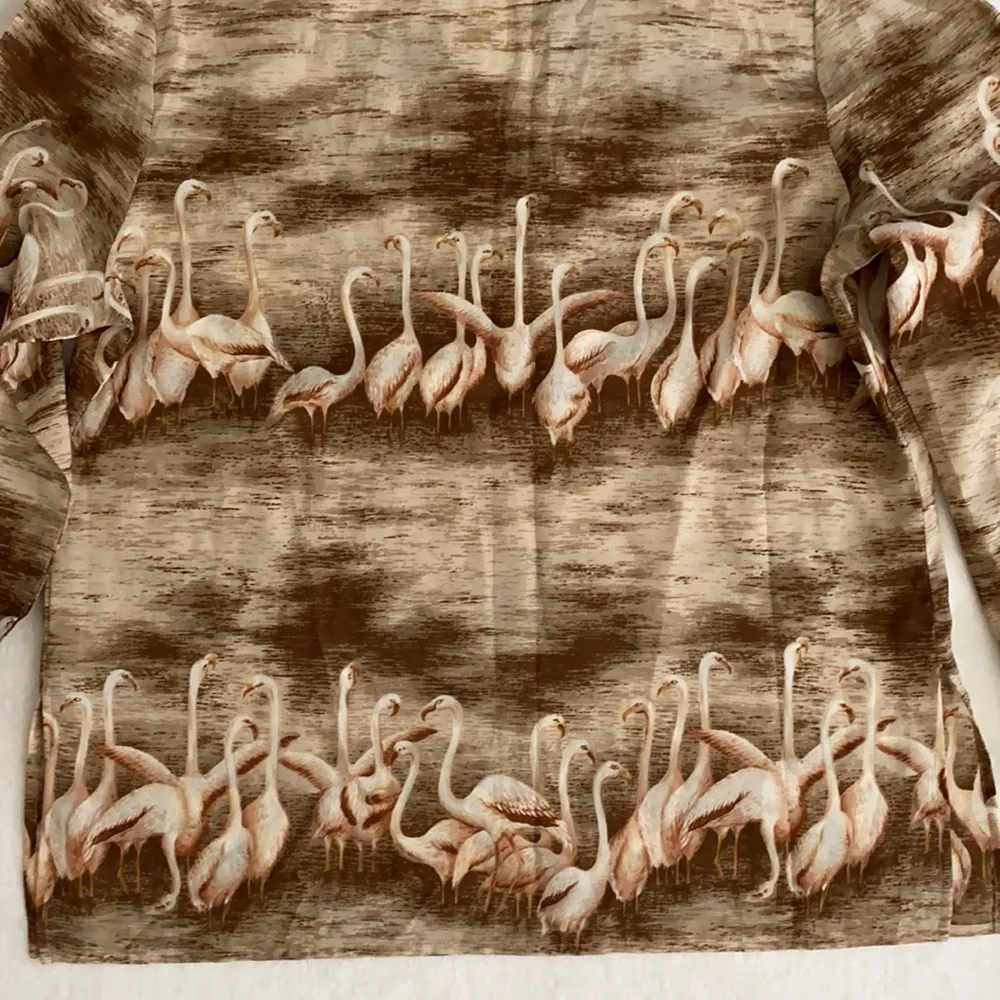 {VTG} Alex Colman Sportswear | 70s Flamingo Print Lightweight LS Pullover Blouse - Picture 14 of 16